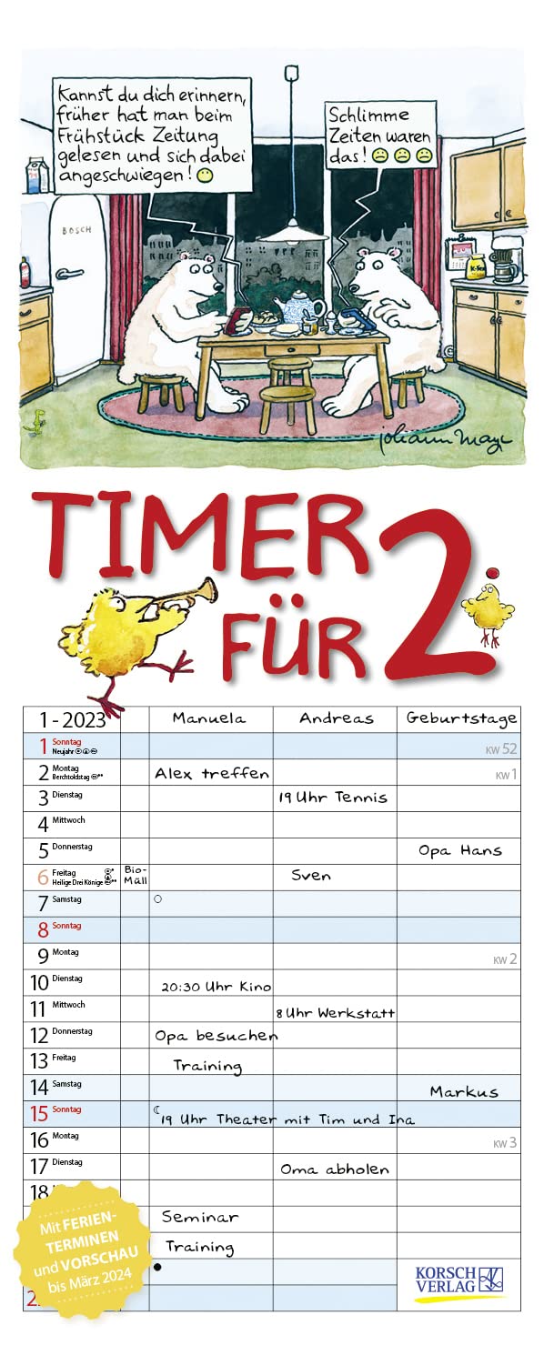 Timer für 2 2023: Familienplaner mit 3 breiten Spalten. Familienkalender mit Tier-Comics, Ferienterminen, Vorschau bis März 2024 und tollen Extras. 19 x 47 cm book