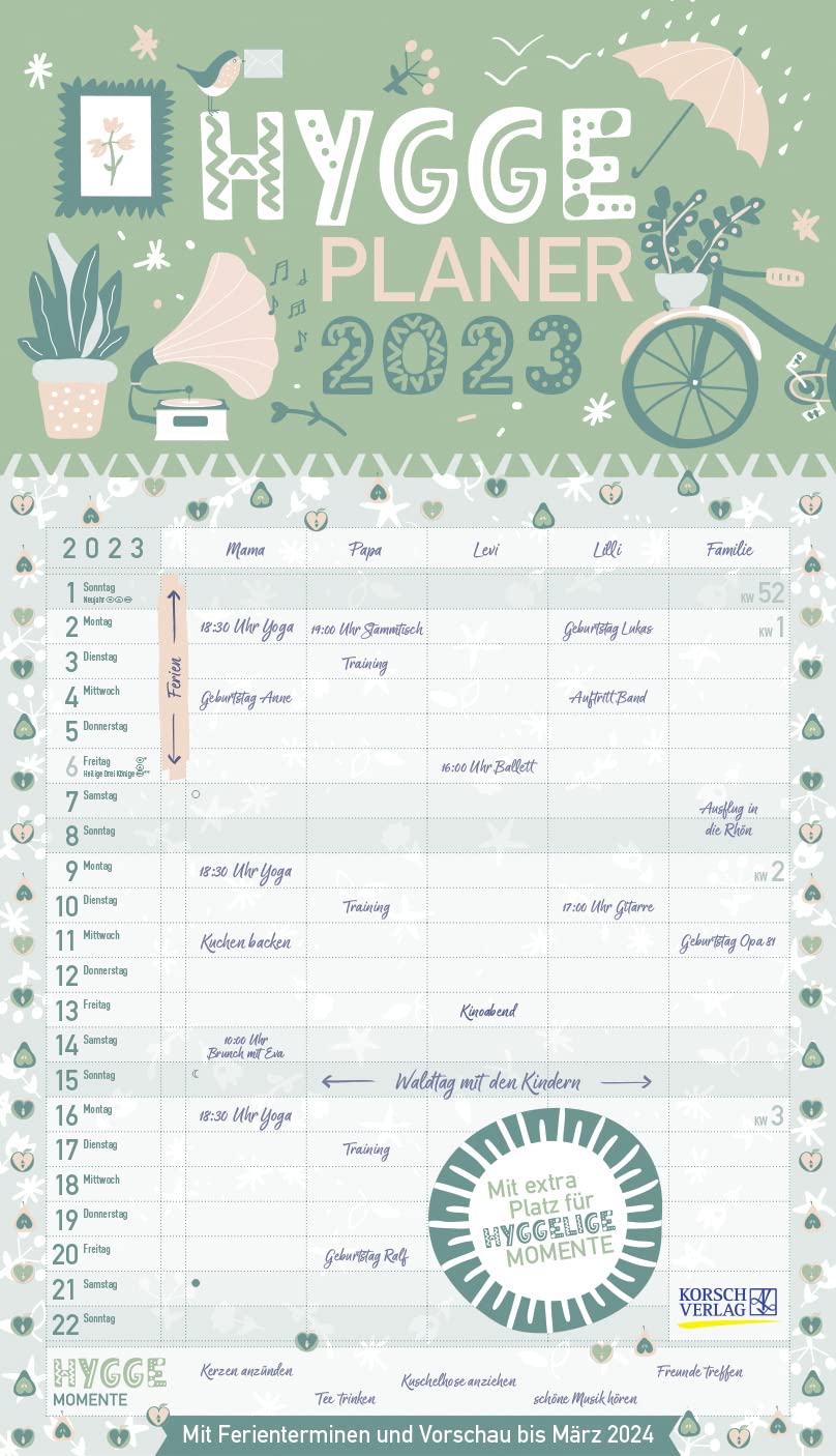 Hygge Planer 2023: Familienplaner, 5 große Spalten. Mit Ferienterminen, extra Spalte und Vorschau bis März 2024. Mit extra Platz für hyggelige Momente. Format: 27 x 47 cm Calendars
