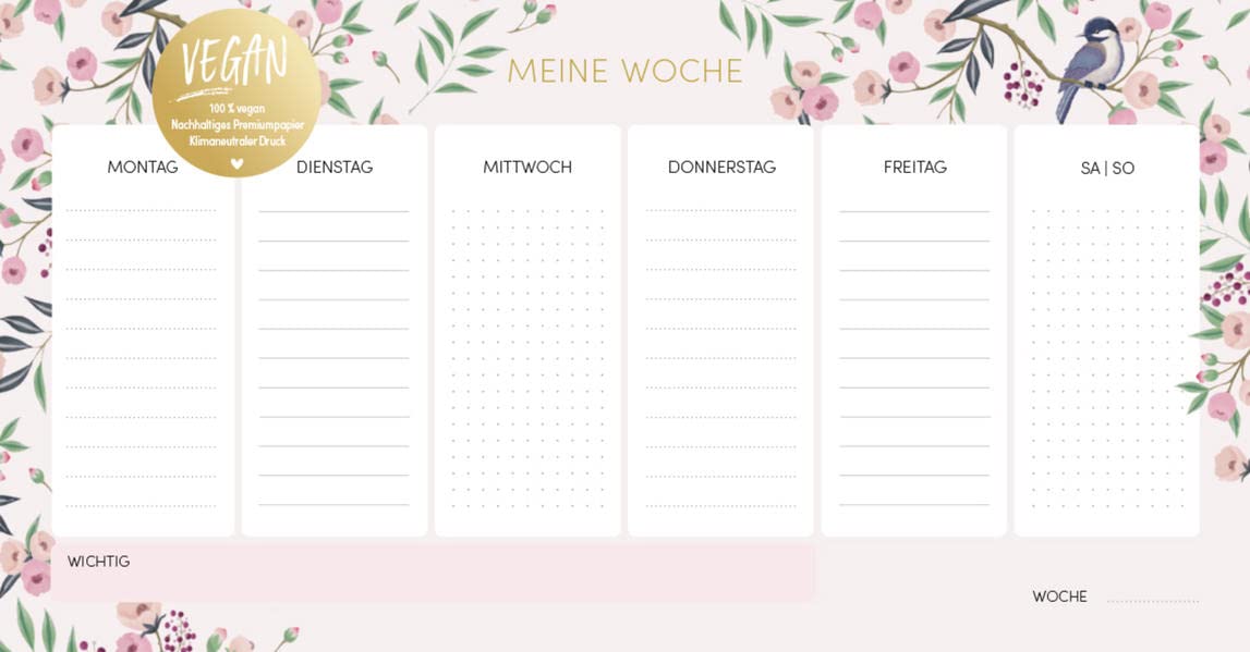 Wochenplaner "Lovely Flowers" vegan: Essensplaner, Familien Haushaltsplaner mit Goldschnitt, vegan, ohne festes Datum, inkl. Platz für Notizen, 50 Blatt, 29,7 x 15,5 cm - SchreibLiebe Leisure, Home & Garden