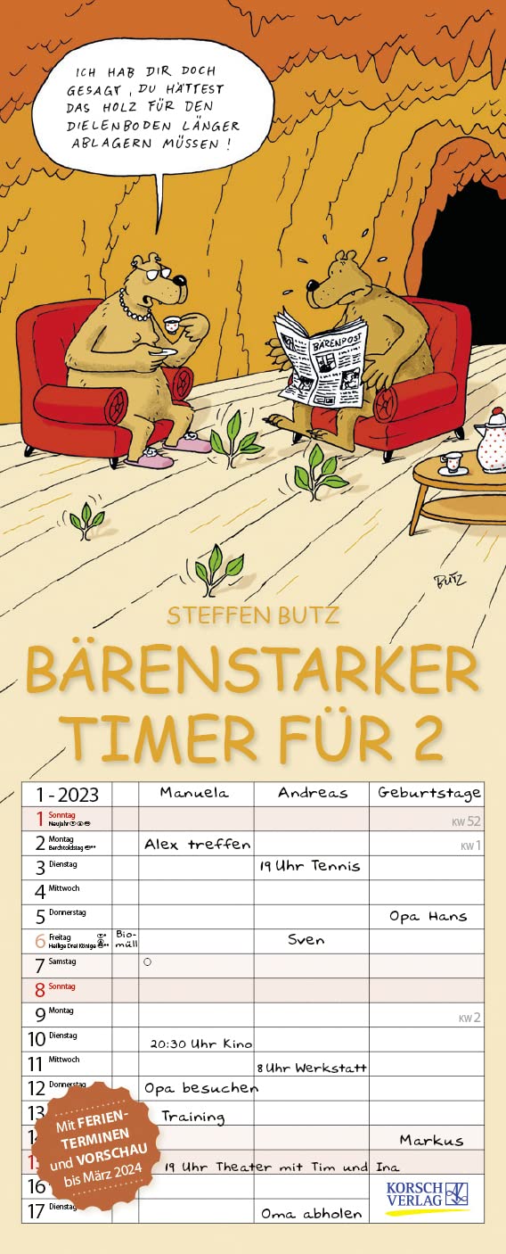 Bärenstarker Timer für 2 2023: Familienplaner mit 3 breiten Spalten. Familienkalender mit Bären-Comics, Ferienterminen, Vorschau bis März 2024 und tollen Extras. 19 x 47 cm. Film, Art & Culture