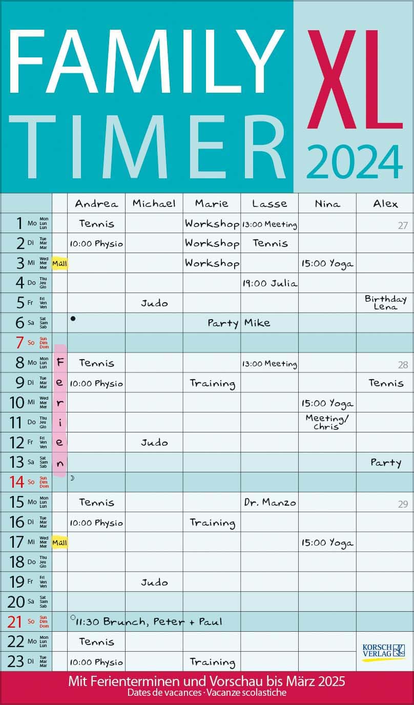 XL Family Timer 2024: Familienplaner mit 6 breiten Spalten. Hochwertiger Familienkalender mit Ferienterminen, extra Spalte, Vorschau bis März 2025 und nützlichen Zusatzinformationen. Calendars