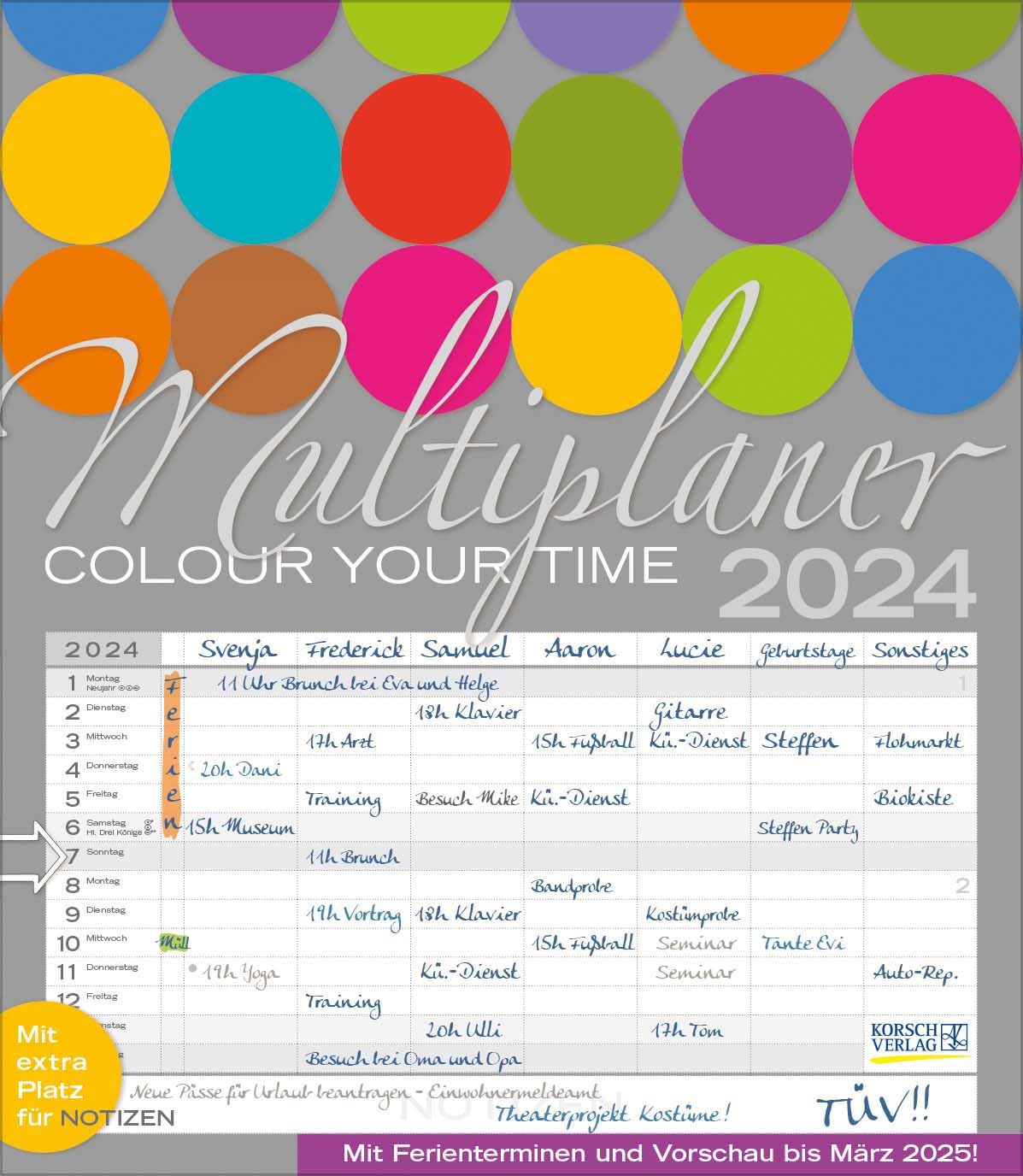 Multiplaner - Colour your time 2024: Familienplaner, 7 breite Spalten. Großer Familienkalender mit Ferienterminen, extra Spalte, Vorschau für 2024 und Datumsschieber. Format: 40x46 cm Film, Art & Culture