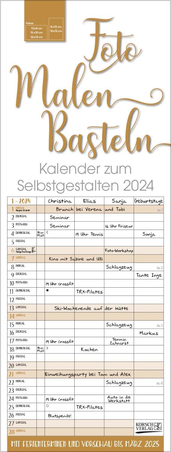 Foto-Malen-Basteln Familientimer gold 2024: Familienplaner mit 4 Spalten als Fotokalender zum Selbstgestalten. Familienkalender mit Ferienterminen und festem Bastelpapier. Hobbies & Crafts