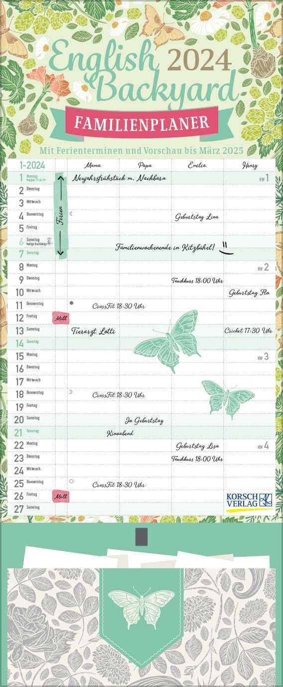 Familienplaner English Backyard Zetteltasche 2024: Familienkalender, 4 große Spalten. Familientimer mit Ferienterminen, extra Spalte, Vorschau bsi ... und Zetteltasche. Format: 19 x 46 cm book