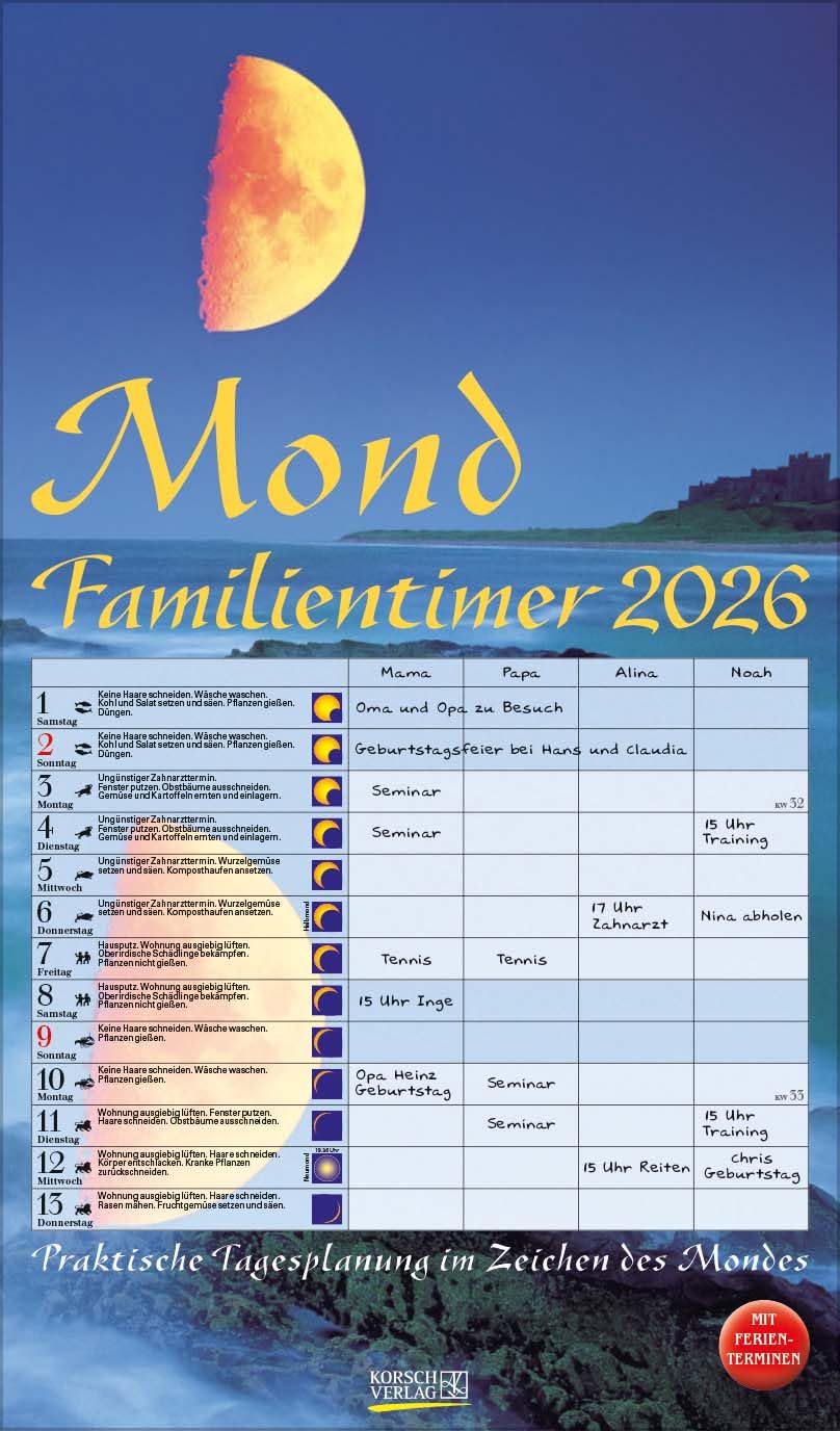 Mond-Familientimer 2026: Familienplaner, 4 Spalten - Praktische Tagesplanung mit der Kraft des Mondes. Großer astrologischer Wandkalender mit Ferienterminen und Mondphasen. 27 x 48 cm Lifestyle