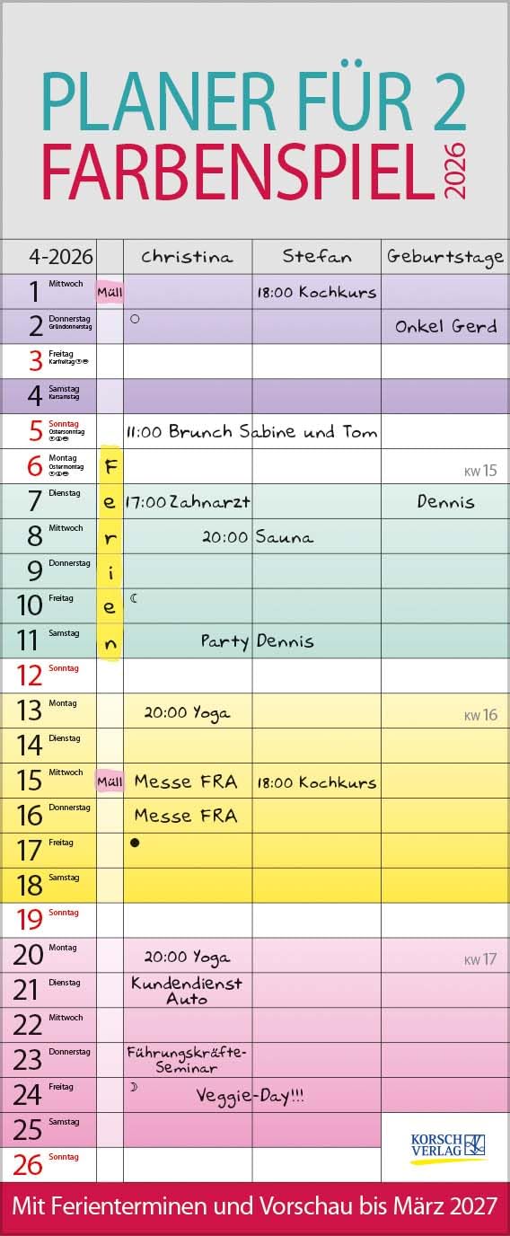 Farbenspiel - Planer für 2 2026: Familienplaner mit 3 breiten Spalten. Familienkalender mit farbigen Wochen, Ferienterminen, Vorschau bis März 2027. Leisure, Home & Garden