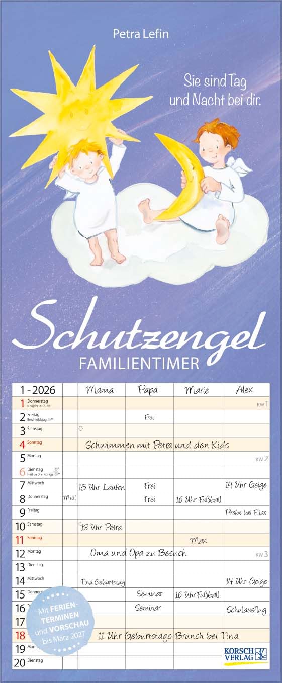 Familientimer Schutzengel 2026: Familienplaner - 4 große Spalten mit viel Platz. Hochwertiger Familienkalender mit netten Sprüchen, Ferienterminen und Vorschau bis März 2027. 19 x 46 cm. Film, Art & Culture