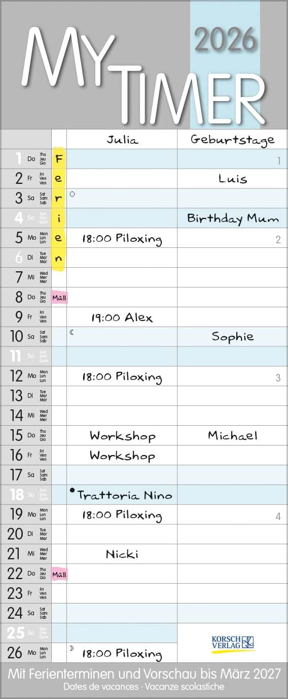 My Timer 2026: Familienkalender mit 2 breiten Spalten. Hochwertiger Familienplaner mit Ferienterminen und Vorschau bis März 2027. Leisure, Home & Garden