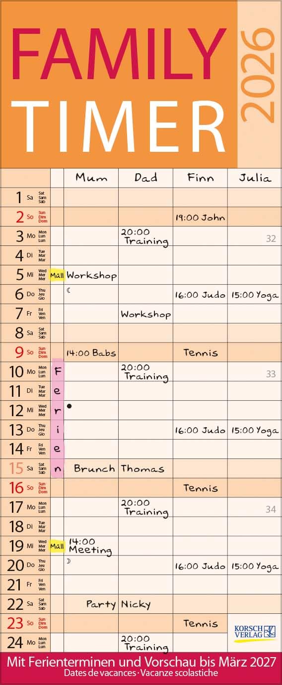 Family Timer Lifestyle 2026: Familienplaner mit 4 breiten Spalten. Hochwertiger Familienkalender mit Ferienterminen, Vorschau bis März 2027 und nützlichen Zusatzinformationen. Leisure, Home & Garden