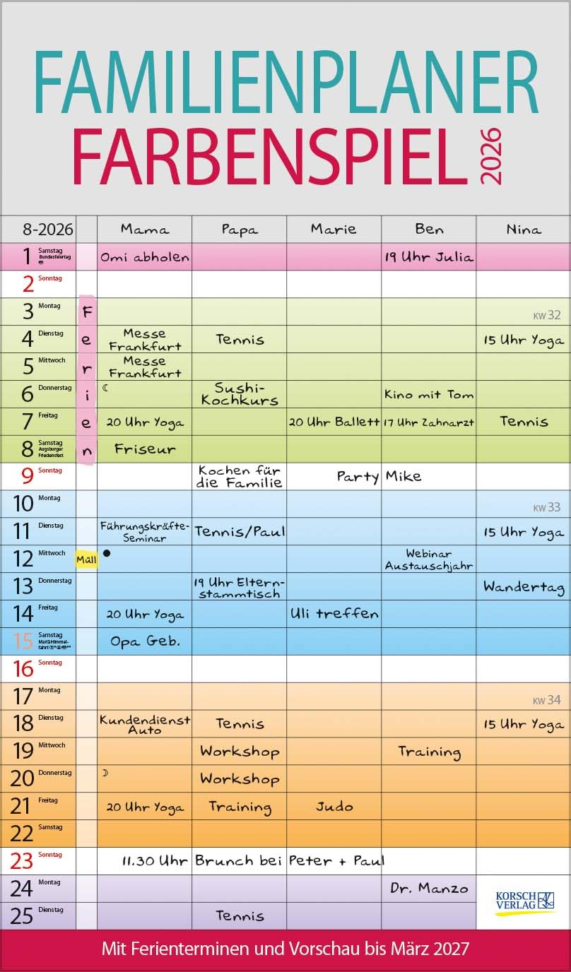 Familienplaner Farbenspiel 2026: Familienkalender, 5 breite Spalten, guter Überblick durch farbliche Wochen. Mit Ferienterminen, Vorschau bis März 2027 und nützlichen Zusatzinformationen. Leisure, Home & Garden
