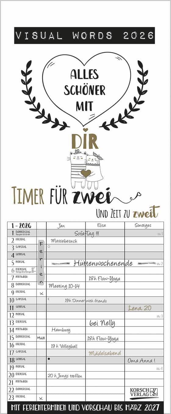 Visual Words Timer für 2 2026: Familienplaner mit 3 breiten Spalten. Typo-Art Familienkalender mit Ferienterminen, Vorschau bis März 2027 und vielem mehr. Leisure, Home & Garden