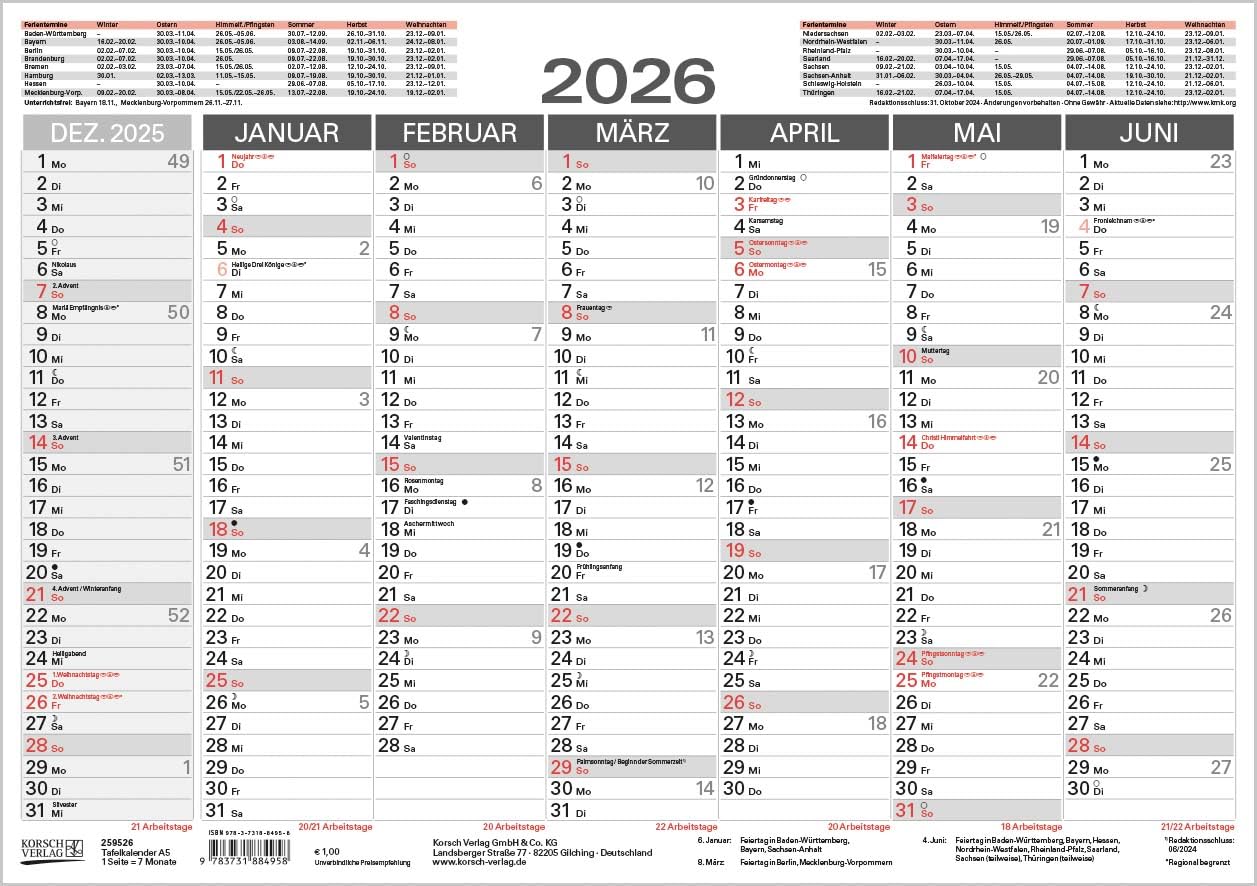 Tafelkalender A5 2026: 14 Monate auf Vorder- und Rückseite I Ferientermine und Feiertage Books