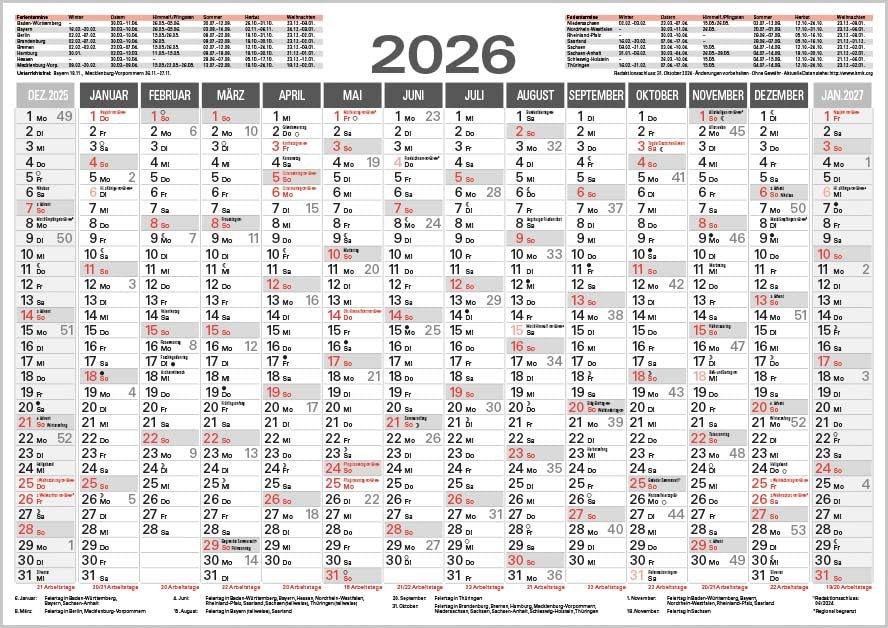 Tafelkalender A4 2026: 14 Monate auf einer Seite I Ferientermine und Feiertage Books