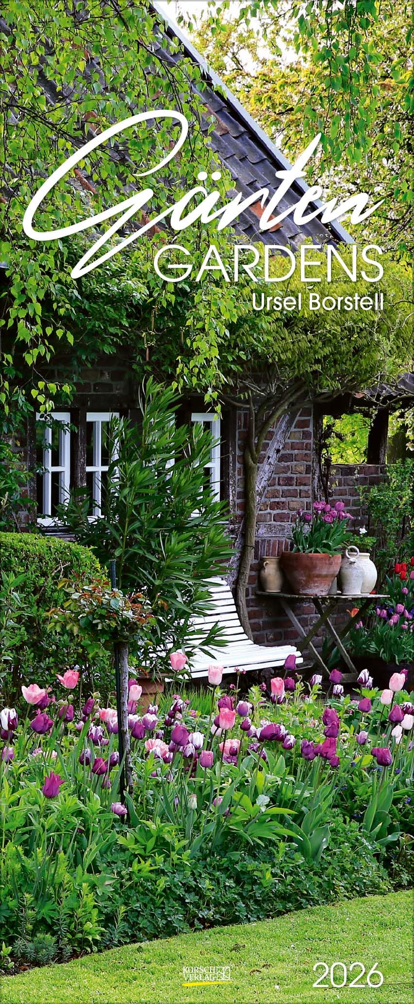 Gärten 2026: Schmaler Wandkalender. Foto-Kunstkalender von Garten-Stilleben. PhotoArt Vertikal Kalender. 28,5 x 69 cm. Leisure, Home & Garden