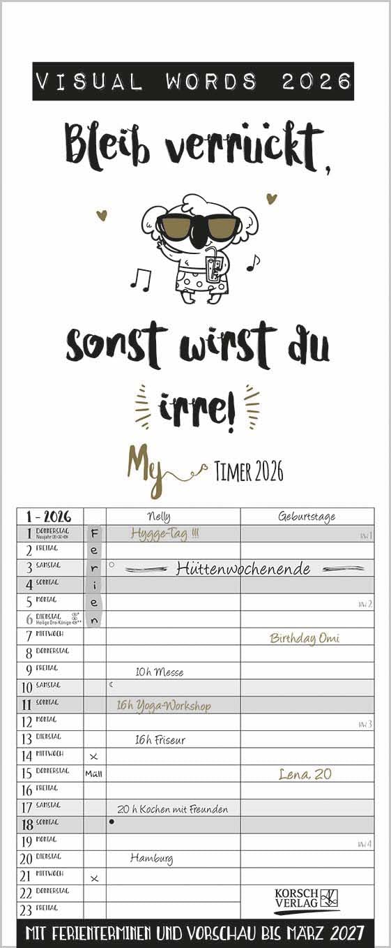 My Timer Visual Words 2026: Planer mit 2 breiten Spalten. Typo-Art Familienkalender mit Ferienterminen, Vorschau bis März 2027 und vielem mehr. Film, Art & Culture