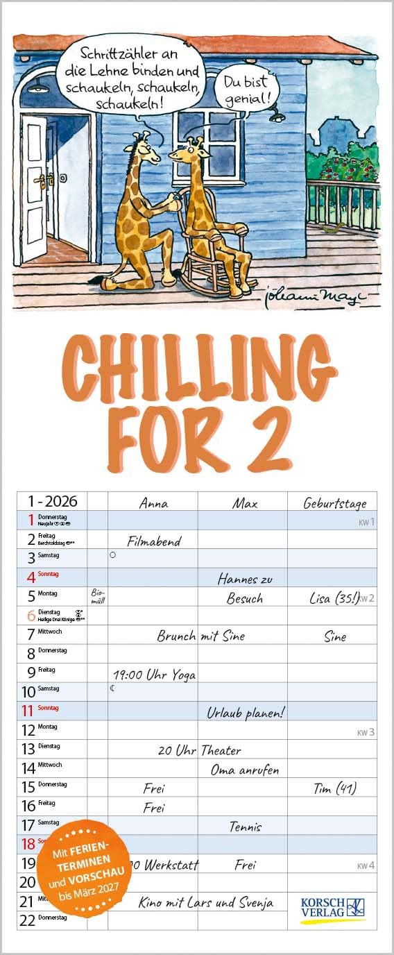 Chilling for 2 2026: Familienplaner mit 3 breiten Spalten. Hochwertiger Familienkalender mit Ferienterminen, Vorschau bis März 2027 und nützlichen Zusatzinformationen. Film, Art & Culture