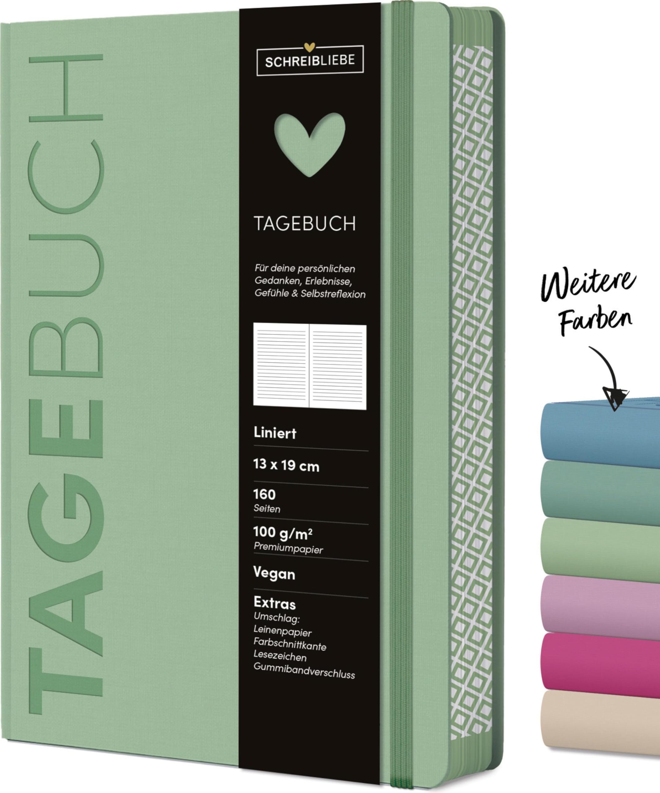 Tagebuch Mint: Notizbuch 13 x 19 cm mit Gummiband, liniert, 160 Seiten - SchreibLiebe Lifestyle