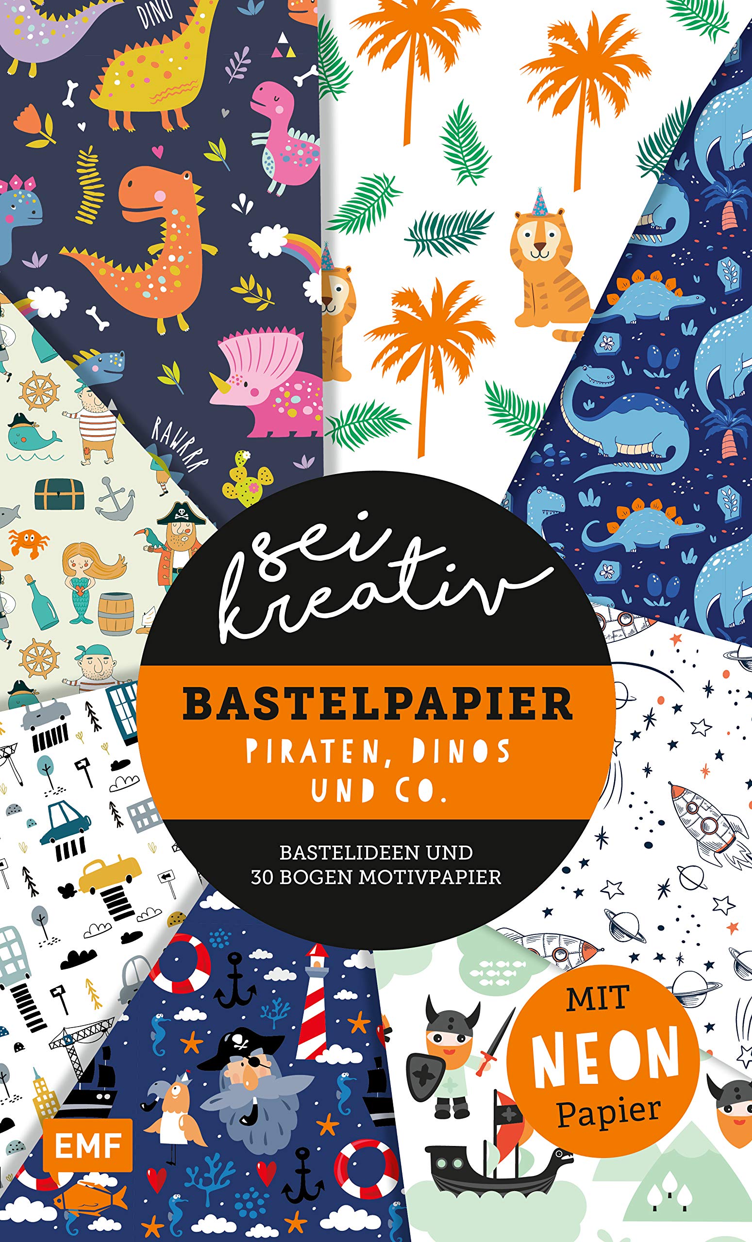 Sei kreativ! – Bastelpapier Piraten, Dinos und Co. – Bastelideen und 30 Bogen Motivpapier in 2 Stärken (120 g/qm, 250 g/qm): Mit leuchtendem Neonpapier Hobbies & Crafts