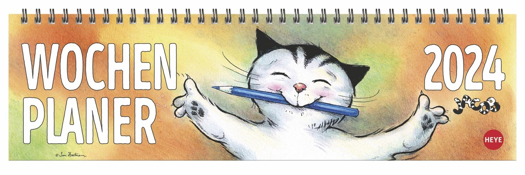 Jacob Wochenquerplaner 2024. Praktischer Tischquerkalender mit Spiralbindung und Katzen-Cartoons. Liebevoll illustrierter Tisch-Kalender für Katzenliebhaber. Calendars