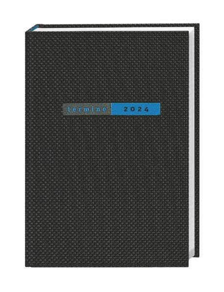 Schwarzer Terminer A5. Schicker Terminkalender 2024 mit hochwertigem Struktureinband. Buch-Kalender mit Lesebändchen. Wochenplaner 2024 mit 152 Seiten. Taschenkalender zum Planen von Terminen. Calendars