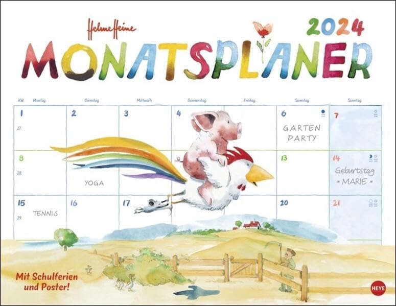 Helme Heine Monatsplaner 2024. Liebevoll illustrierter Wandkalender von Helme Heine mit den drei Freunden. Termin-Kalender 2024 zum Eintragen. 44 x 34 cm. Querformat. (Helme Heine Kalender) Film, Art & Culture