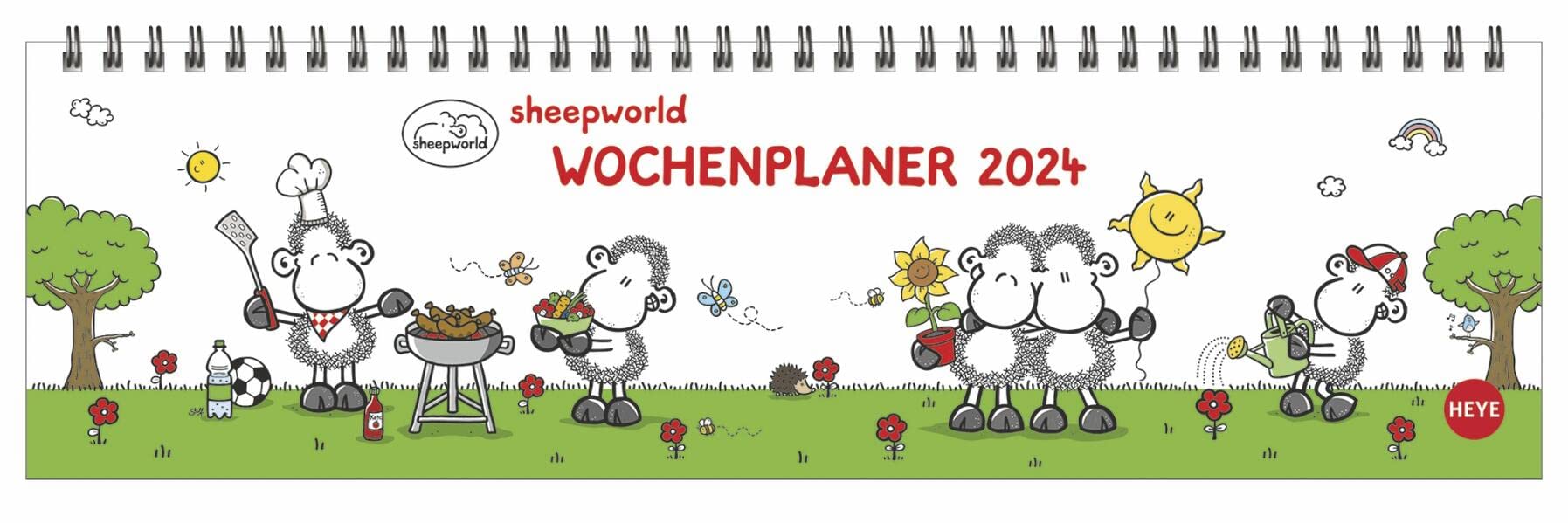 sheepworld Wochenquerplaner 2024. Praktischer Tischquerkalender mit Spiralbindung und niedlichen Schaf-Cartoons. Liebevoll illustrierter Tisch-Kalender. book