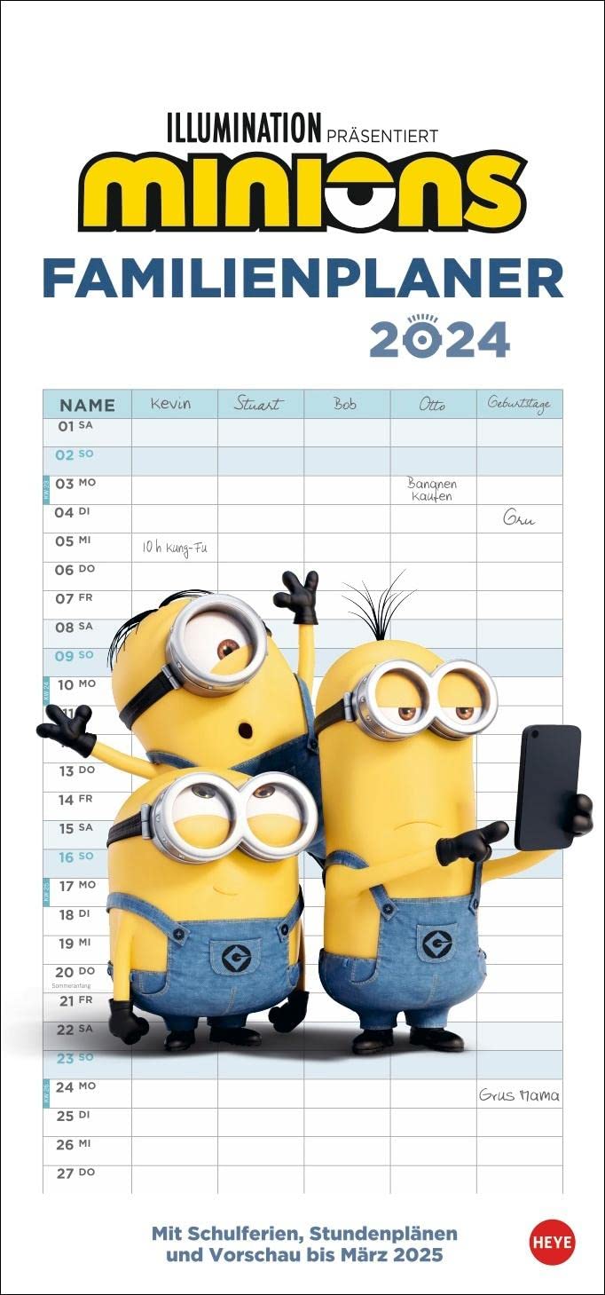 Minions Familienplaner 2024. Familienkalender mit 5 Spalten. Wandkalender mit Schulferien und Stundenplänen. Calendars