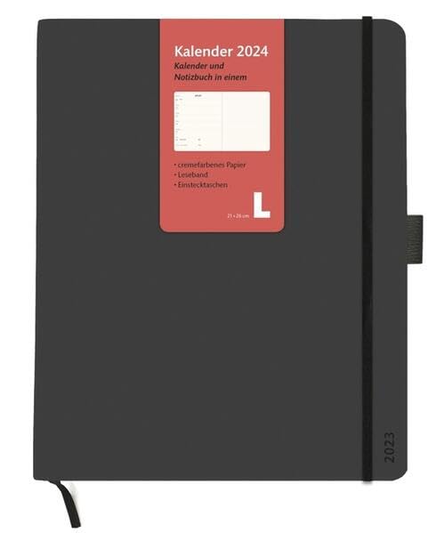Kombitimer 2024 groß. Schwarzer Terminkalender 2024. Buch-Kalender mit Lesebändchen und Gummiband. Großer Taschenkalender zum Planen von Terminen. book