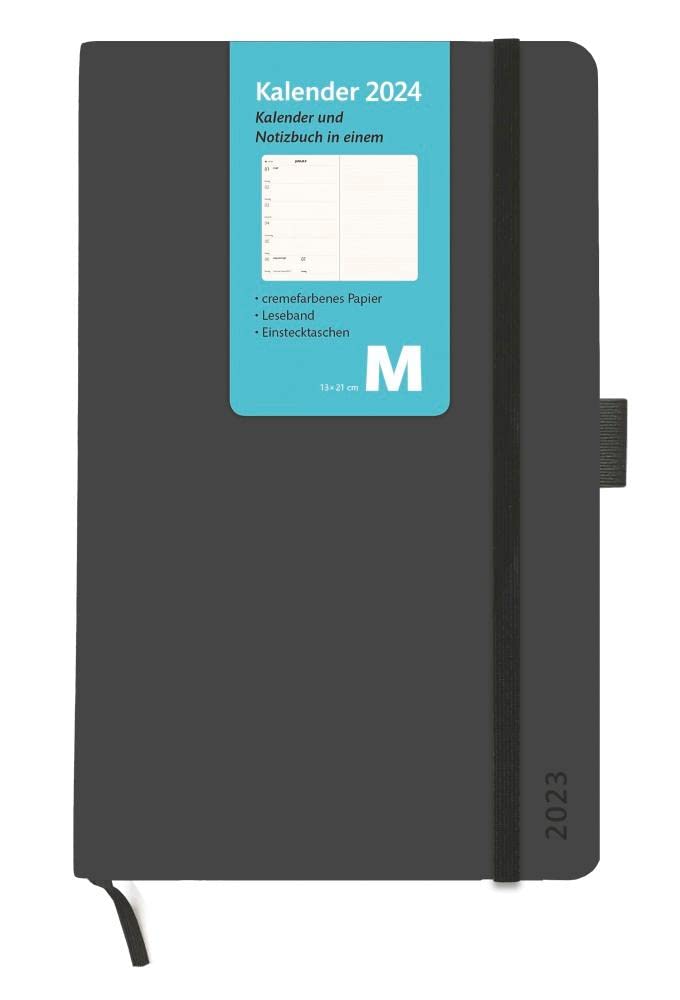 Kombitimer 2024 mittel. Schwarzer Terminkalender 2024. Buch-Kalender mit Lesebändchen und Gummiband. Taschenkalender zum Planen von Terminen. book