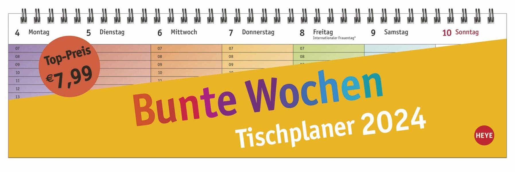 Bunte Wochen Wochenquerplaner 2024. Übersichtlicher Umklapp-Kalender 2024 mit farbig markierten Tagen. Tisch-Kalender für den Schreibtisch. book