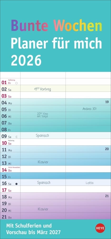 Bunte Wochen Planer für mich 2026: Praktischer Wandplaner mit 2 Spalten. Wandkalender mit Schulferien und 3-Monats-Ausblick aufs Folgejahr. Terminkalender 2026 zum Eintragen. (Familienplaner Heye) Business, Finance & Career