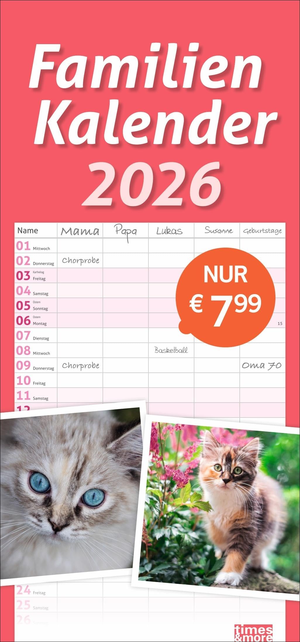 times&more Katzen Familienplaner 2026: Ein praktischer Kalender mit 5 Spalten für Pläne, Termine und Notizen der ganzen Familie. Niedliche Katzenfotos ... (times&more Kalender Heye) Pets