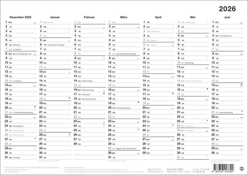 Black&White Tafelkalender A4 2026: Beidseitig bedruckter Jahresplaner im minimalistischen Schwarzweiß-Design. Praktischer Überblick über alle Termine im Format 29,7 x 21 cm (Bürokalender Heye) Business, Finance & Career