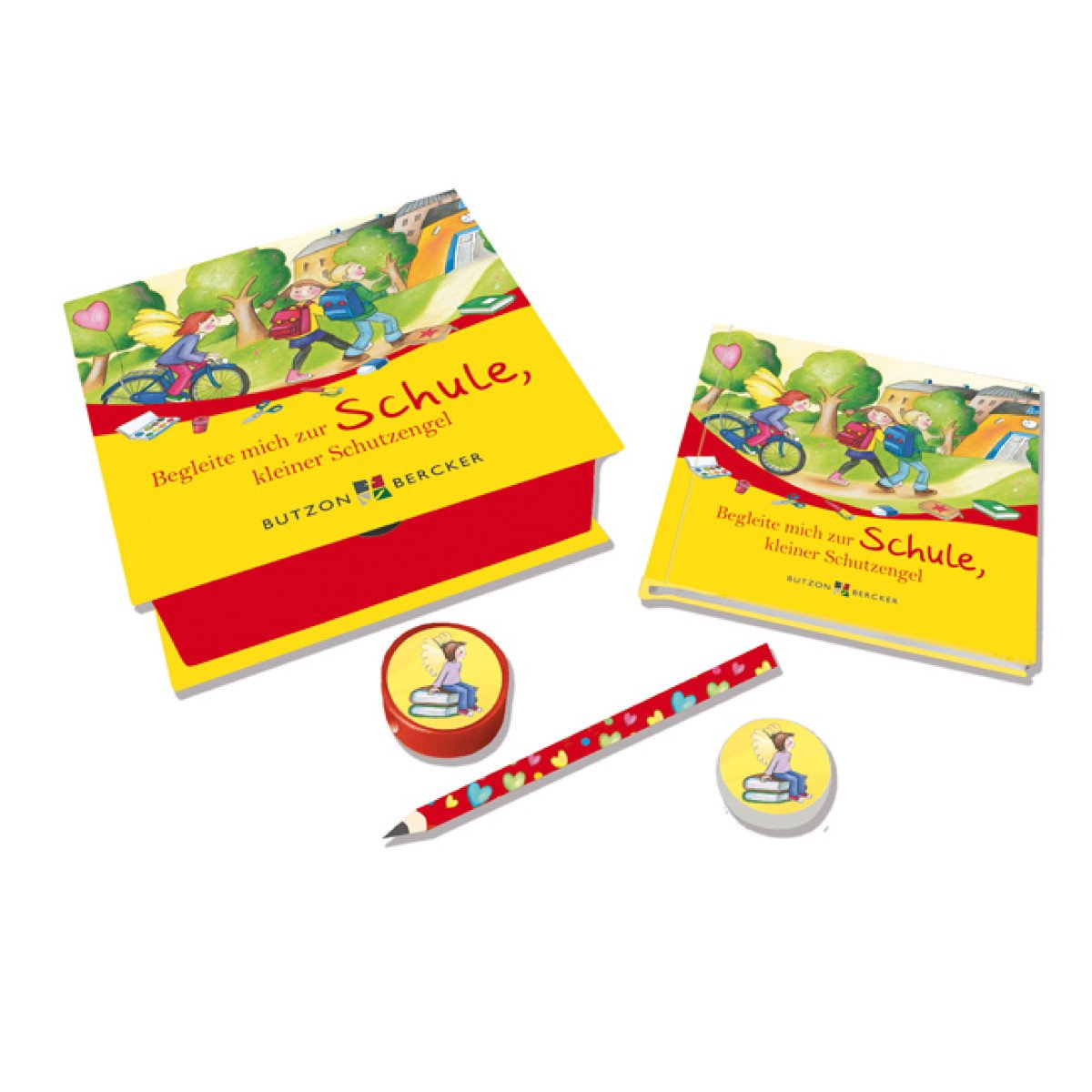 Begleite mich zur Schule, kleiner Schutzengel: Geschenkbox mit Buch, Radiergummi, Anspitzerund Stift School books