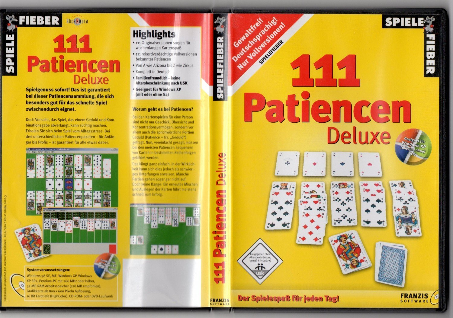 Spielefieber, CD-ROMs : 111 Patiencen Deluxe, 1 CD-ROM in Kst.-Box Für Windows 95, 98, 98 SE, ME, XP. Z. Tl. Shareware PC