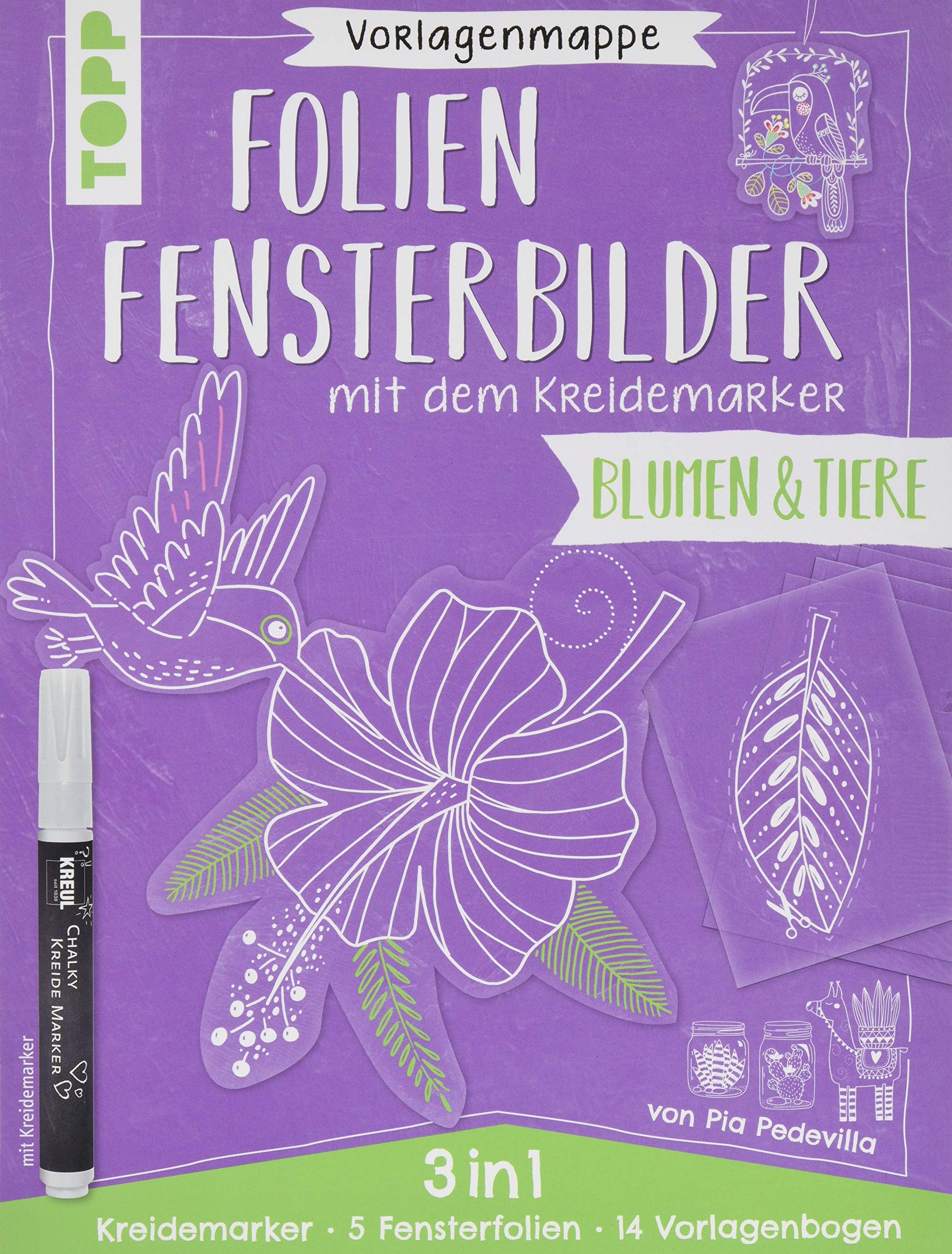 Vorlagenmappe Folien-Fensterbilder mit dem Kreidemarker - Blumen und Tiere. inkl. 5 Fensterfolien zum Bemalen und Ausschneiden und Original Kreidemarker von Kreul Film, Art & Culture