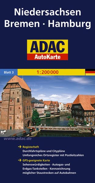 ADAC AutoKarte Deutschland, Niedersachsen, Bremen, Hamburg 1:200.000: GPS-geeignete Karte: Sehenswürdigkeiten, Autogas- und Erdgas-Tankstellen, Kennzeichnung möglicher Staustrecken auf Autobahnen Leisure, Home & Garden