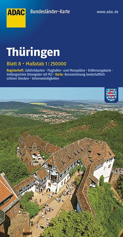 ADAC Bundesländerkarte Thüringen 1:250.000: Registerheft: Zufahrtskarten, Flughafen- und Messepläne, Entfernungskarte, Ortsregister mit PLZ. Karte: ... (ADAC BundesländerKarten Deutschland) Leisure, Home & Garden