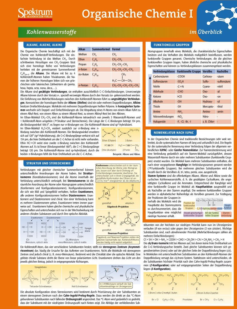 Lerntafel: Organische Chemie I im Überblick (Lerntafeln Chemie, 4, Band 4) Natural Sciences