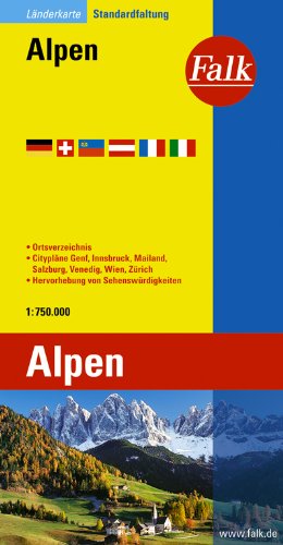 Falk Länderkarte Alpen 1:750 000: Ortsverzeichnis, Citypläne Genf, Innsbruck, Mailand, Salzburg, Venedig, Wien, Zürich. Hervorhebung von Sehenswürdigkeiten Leisure, Home & Garden