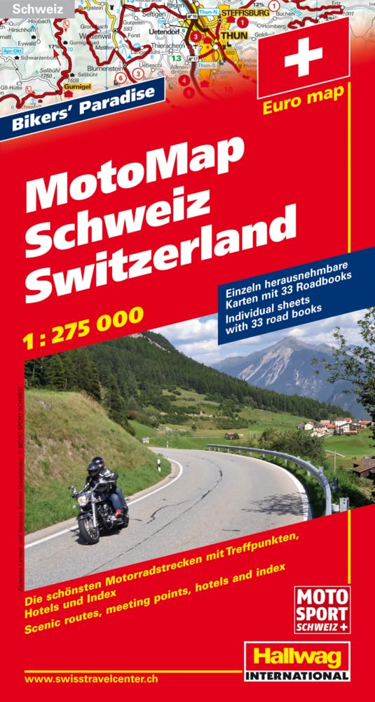 Schweiz MotoMap 1:275 000 Motorradkarte: Einzeln herausnehmbare Karten mit 33 Roadbooks, Die schönsten Motorradstrecken mit Treffpunkten, Hotels und Index (Hallwag MotoMap) Stationery