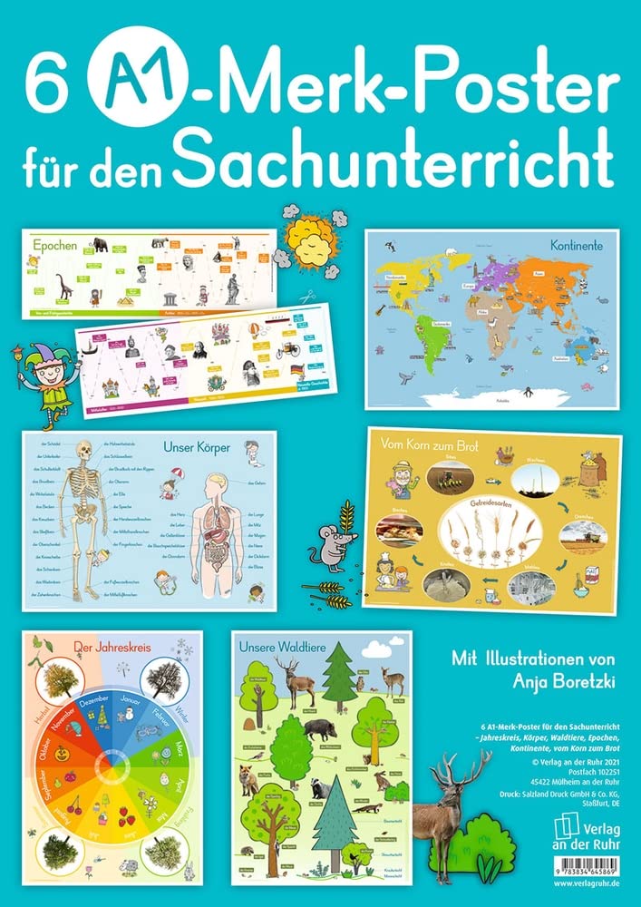 6 A1-Merk-Poster für den Sachunterricht – Jahreskreis, Körper, Waldtiere, Epochen, Kontinente, vom Korn zum Brot Books