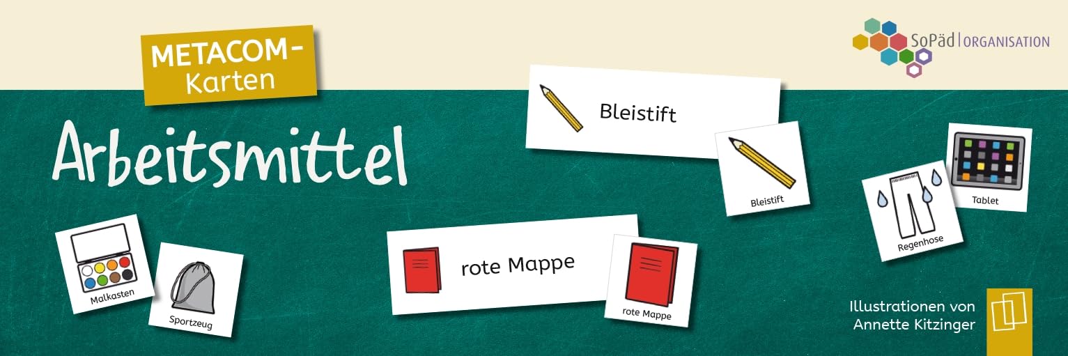 METACOM-Karten: Arbeitsmittel: Tafelkarten mit METACOM-Symbolen: Bleistift, Sportzeug, Klettmappe und Co. (SoPäd Organisation) Education & Training