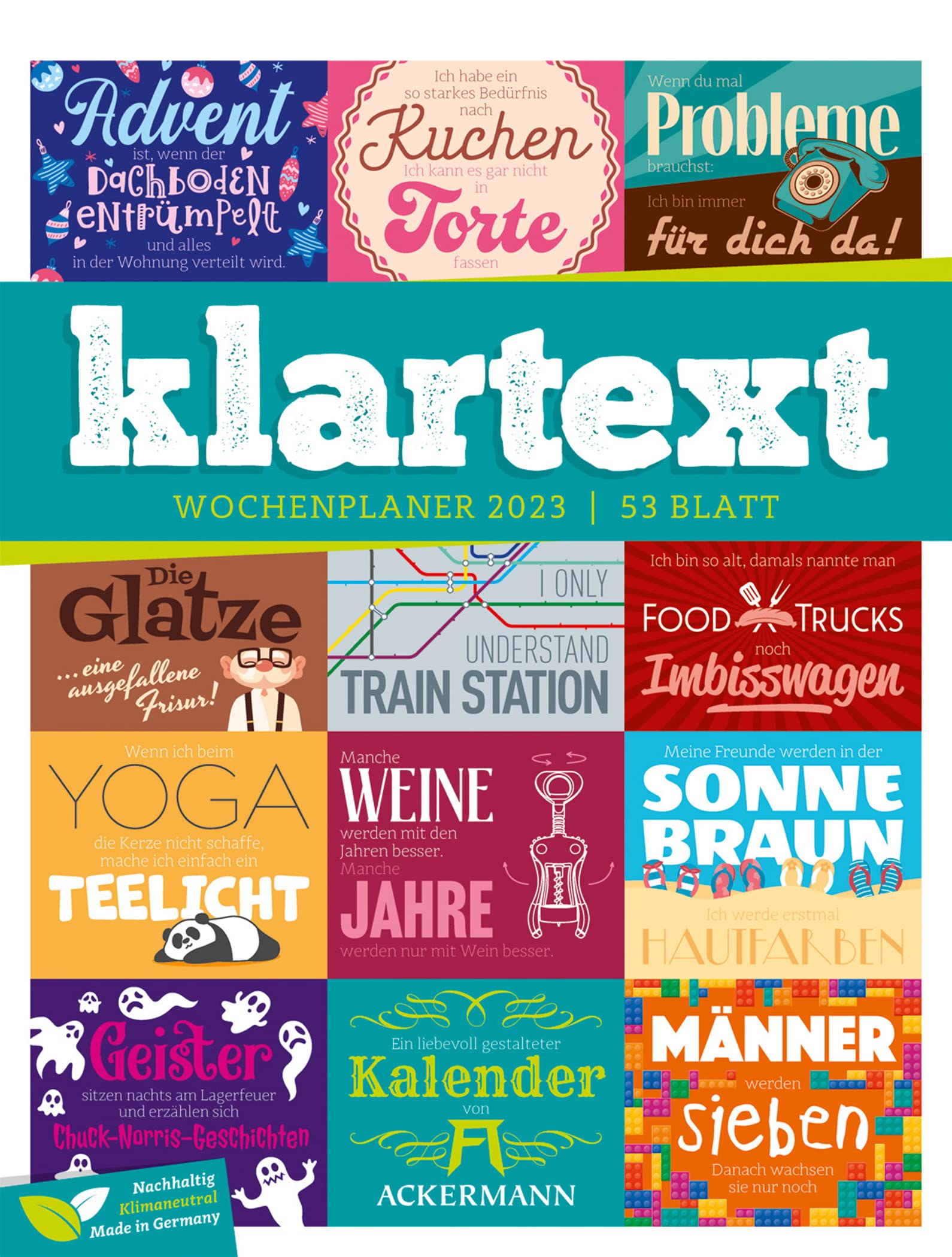Klartext Sprüche - Wochenplaner Kalender 2023, Wandkalender im Hochformat (25x33 cm) - Typografie Wochenkalender mit Rätseln und Sudokus Film, Art & Culture
