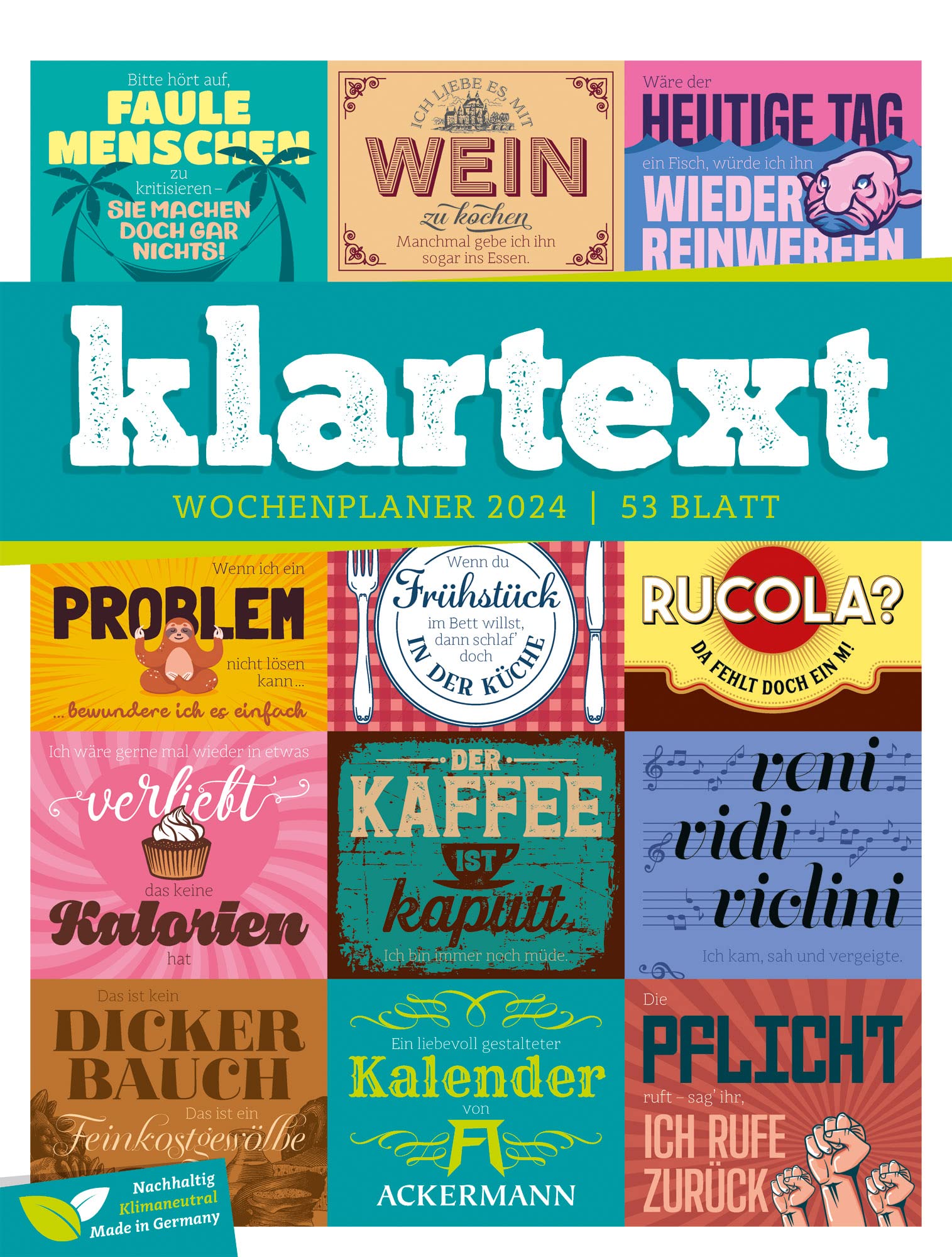 Klartext Sprüche - Wochenplaner Kalender 2024, Wandkalender im Hochformat (25x33 cm) - Typografie, Wochenkalender mit Rätseln und Sudokus Film, Art & Culture