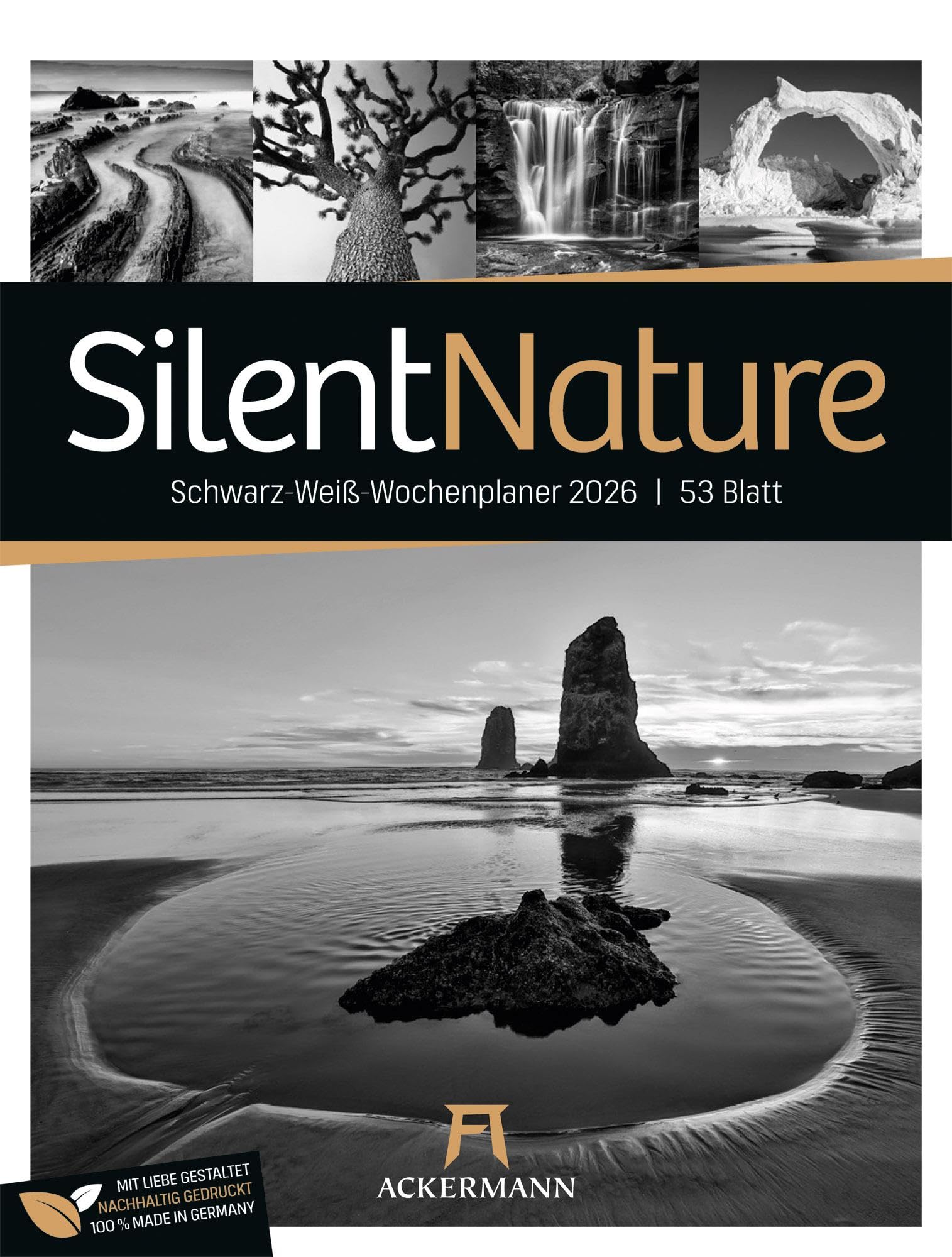 Silent Nature Wochenplaner Kalender 2026 | Stilvoller Landschafts-Wochenkalender im Hochformat (25x33 cm) | Schwarz-Weiß-Fotografie | Mit Rätseln Photography