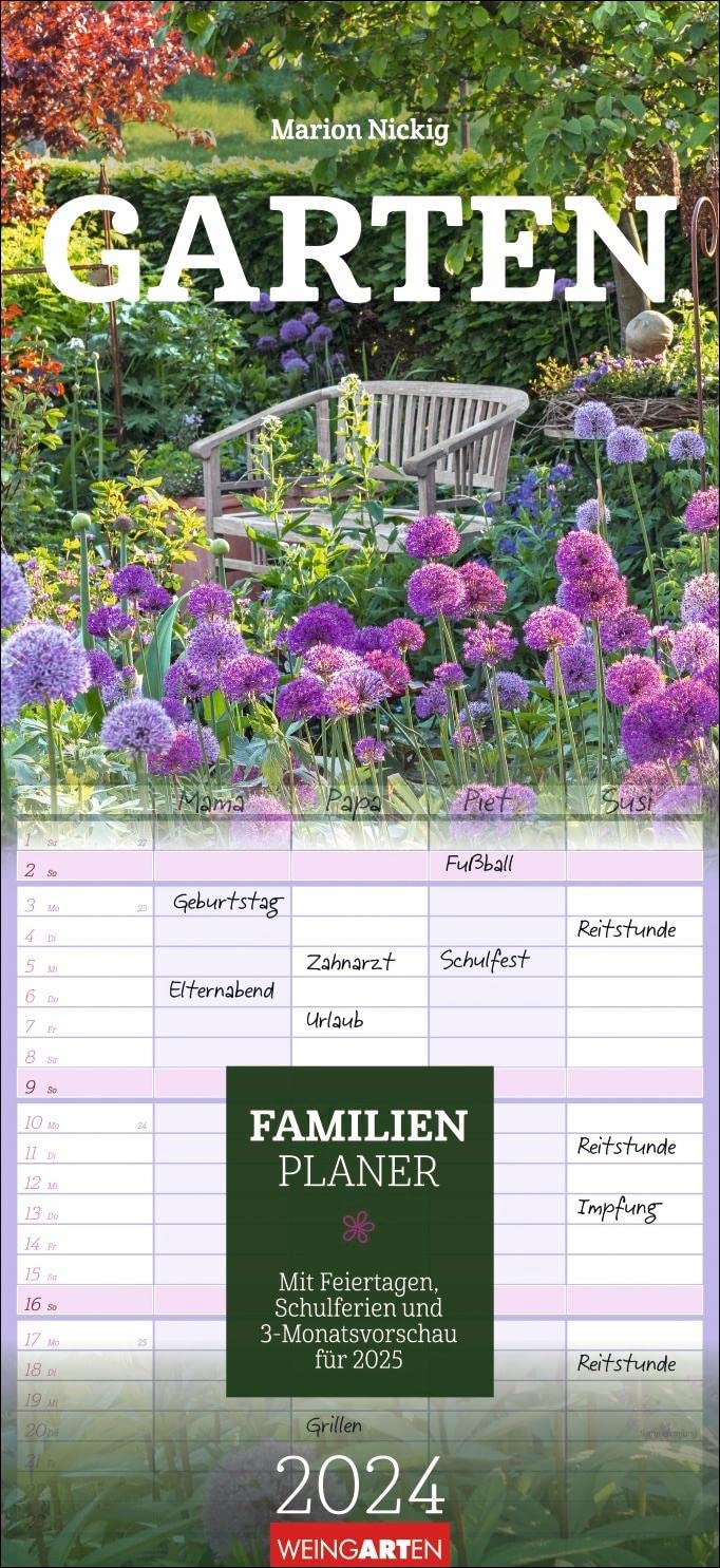Garten Familienplaner 2024. Großer Foto-Terminkalender mit 5 Spalten für Familien. Schöner Familien-Wandkalender 2024 mit idyllischen Garten-Fotografien. 22x48 cm book