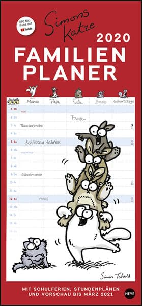 Simons Katze Familienplaner. Wandkalender 2020. Monatskalendarium. Spiralbindung. Format 21 x 45 cm: Mit 5 Spalten Leisure, Home & Garden
