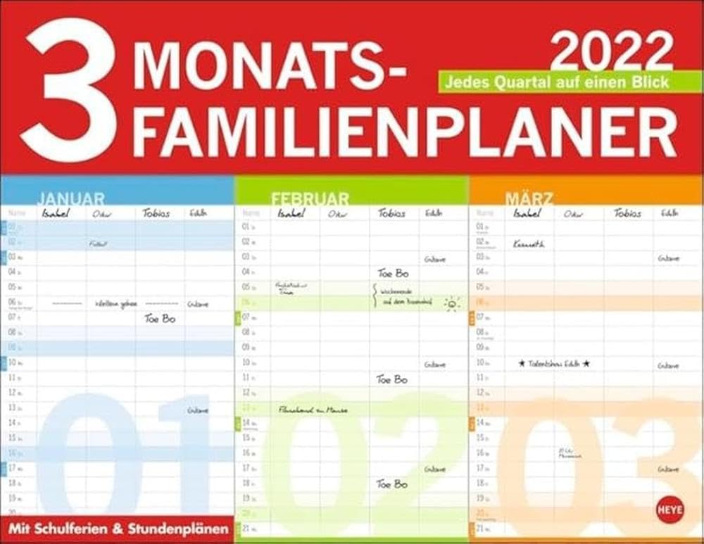 3-Monats-Familienplaner Kalender 2022: Jedes Quartal auf einen Blick. Mit Schulferien und Stundenplänen Leisure, Home & Garden