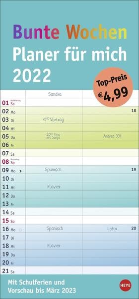 Bunte Wochen für mich 2022 - Wandkalender mit Monatskalendarium, 2 Spalten, Schulferien, 3-Monats-Ausblick Januar bis März 2023 - 21 x 45 cm book